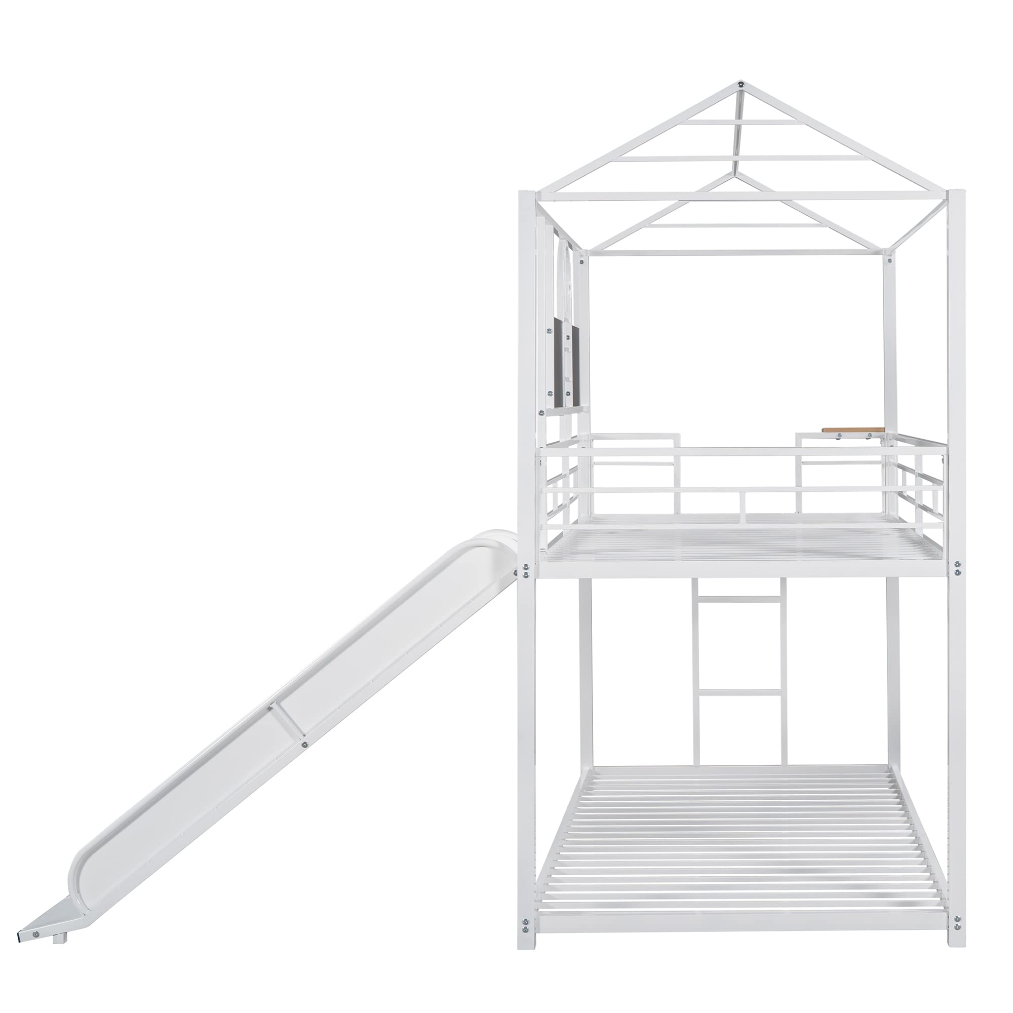 Bellemave Twin Over Twin Metal Bunk Bed with Slide - Kids House Bunk Bed with Roof & Safety Guardrails for Boys & Girls - Perfect for Bedrooms, Playrooms & Sleepovers (White)