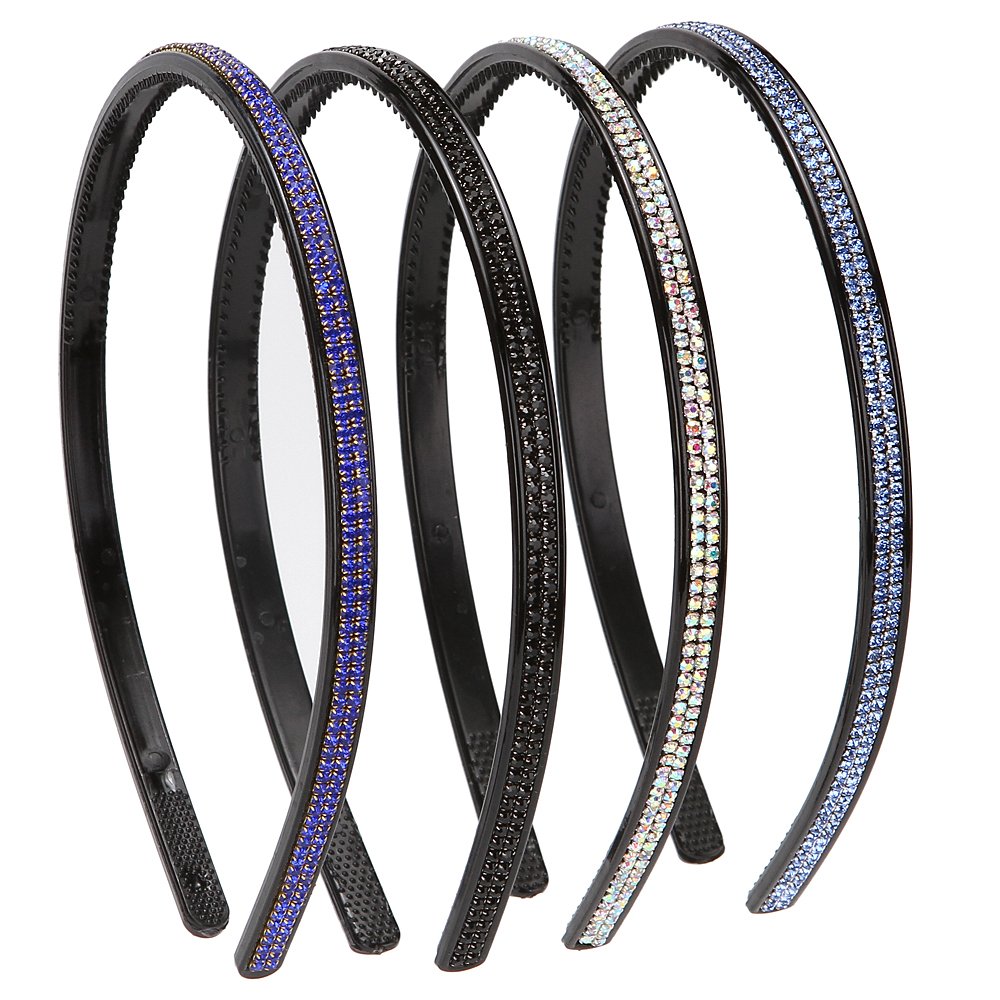 LONEEDY 4 Pack Rhinestone Crystal Headbands for Women - Non-Slip Teeth Hair Accessories in Black, Blue, Silver & Royal Blue | Perfect for Weddings, Parties & Everyday Fashion