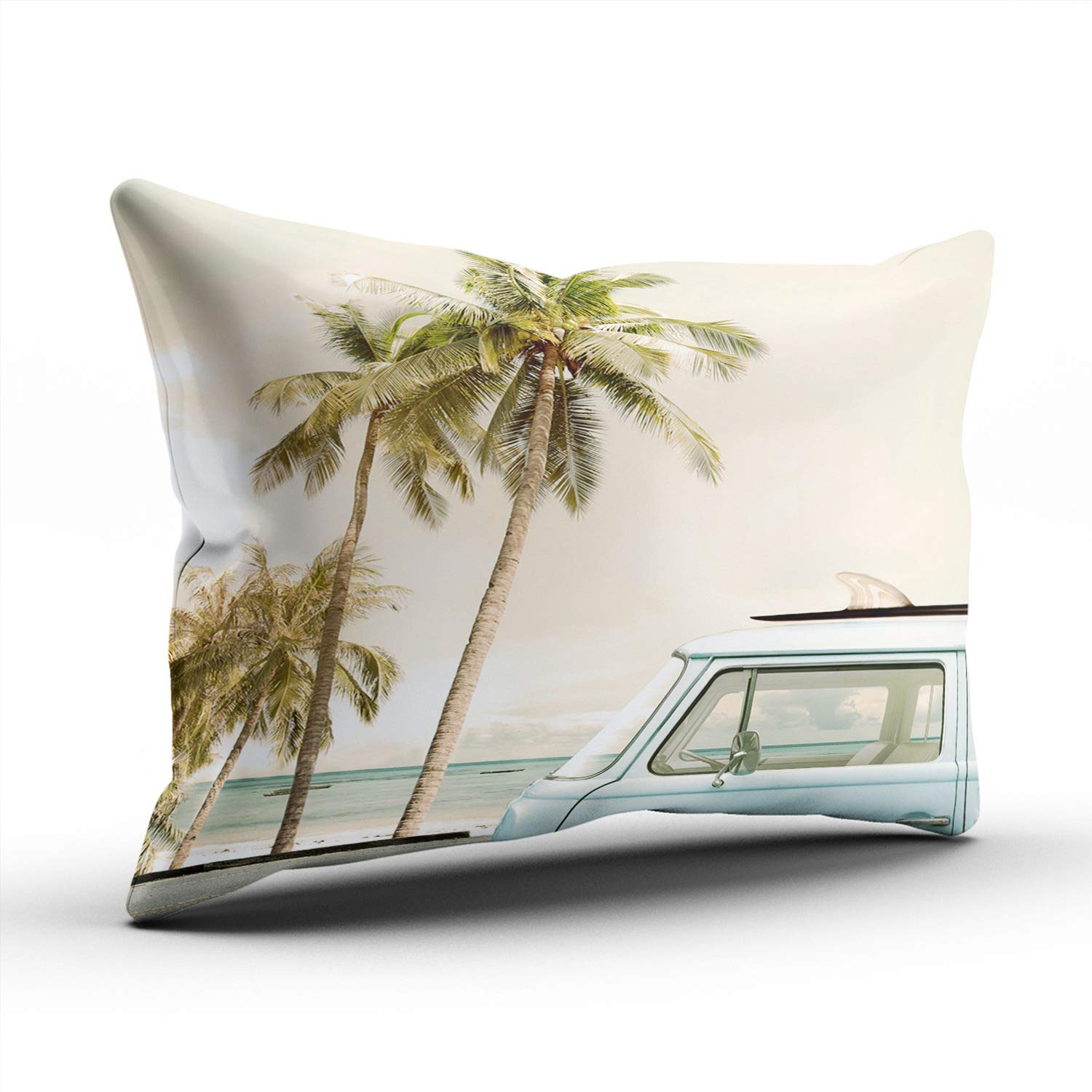 Tropical Beach Surfboard Car Throw Pillow Cover - 12x18 Inch Hidden Zipper Decorative Custom Printed Pillow Case for Living Room, Bedroom & Beach House Decor