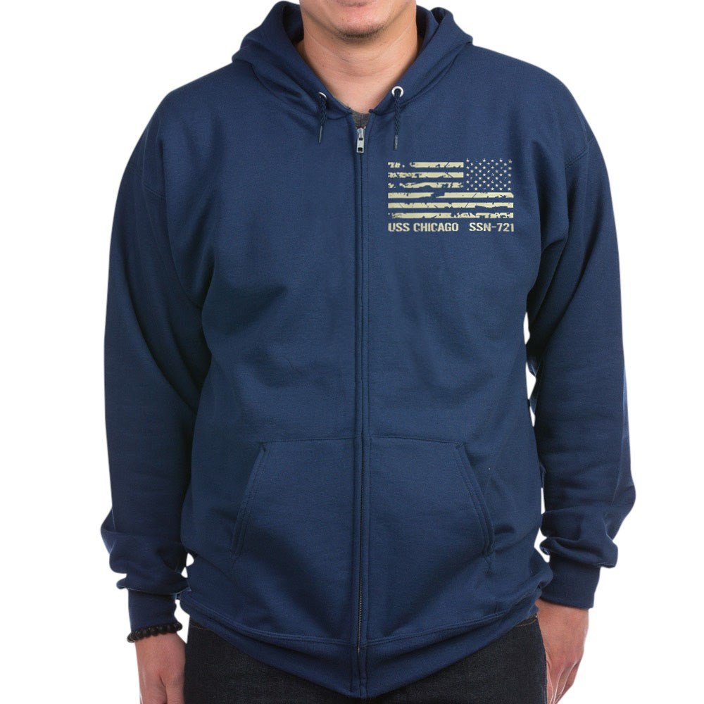 USS Chicago Zip Hoodie for Men & Women - Dark Navy Blue Pullover Hooded Sweatshirt | Comfortable & Stylish for Casual Wear, Military Apparel Fans, Navy Veterans Gifts