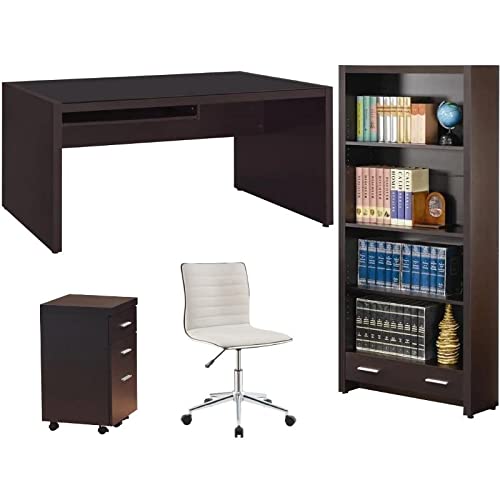 Home Square 4-Piece Office Furniture Set - Ergonomic Desk Chair, Computer Desk, Mobile File Cabinet & Bookshelf for Home Office, Study Room or Workspace