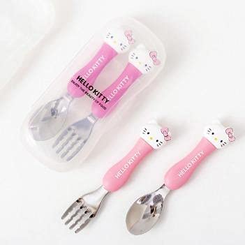 **CherryBox Pink Kitty Stainless Steel Kids Spoon & Fork Set with Storage Box (Dark Pink) - Perfect for School Lunches, Picnics, and Travel**