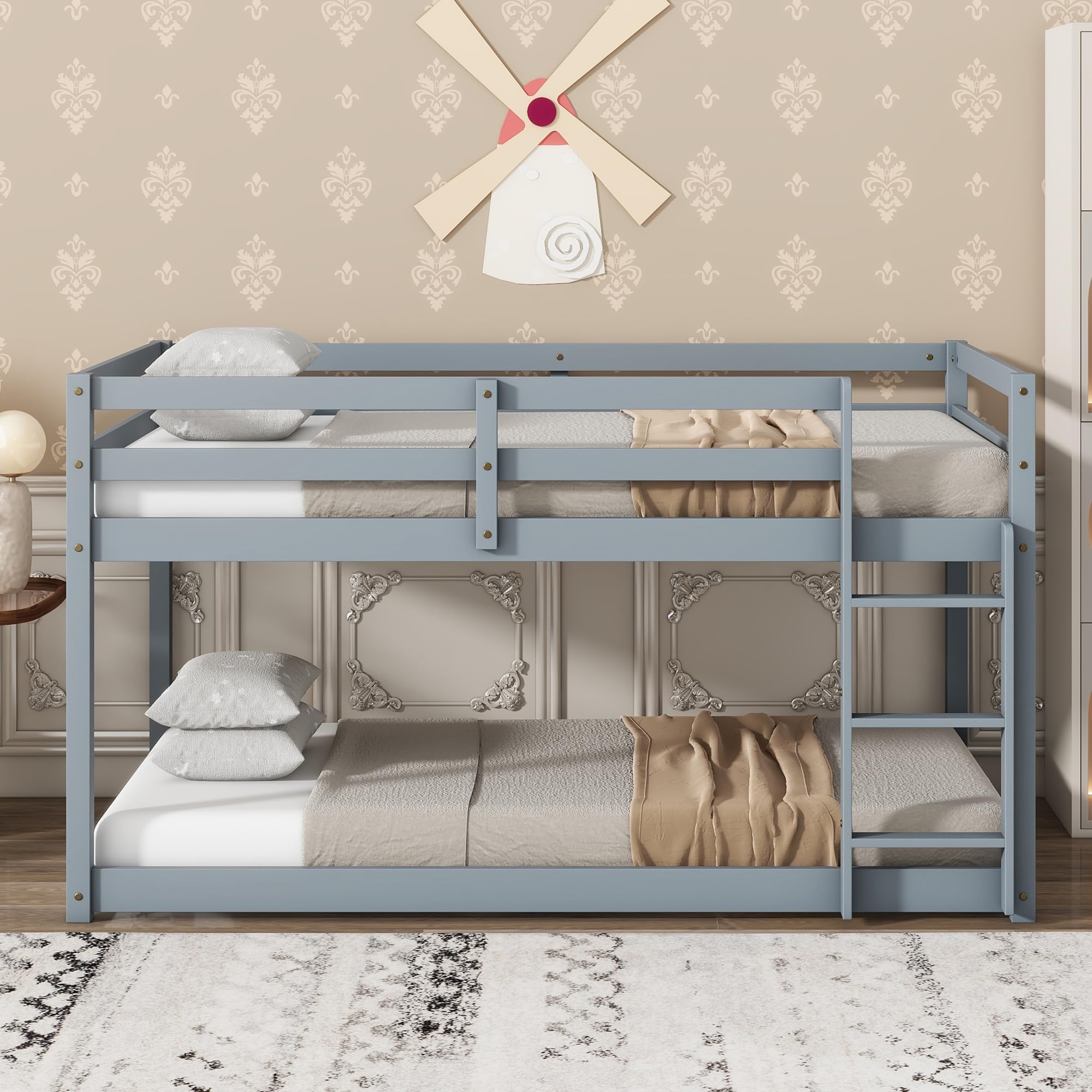 Low Bunk Beds Twin Over Twin - Sturdy Wood Floor Bunk Bed Frame with Safety Rails for Kids, Teens, Boys & Girls - Space-Saving Junior Loft Bed for Small Rooms, Dorms & Shared Kids Bedrooms - Gray
