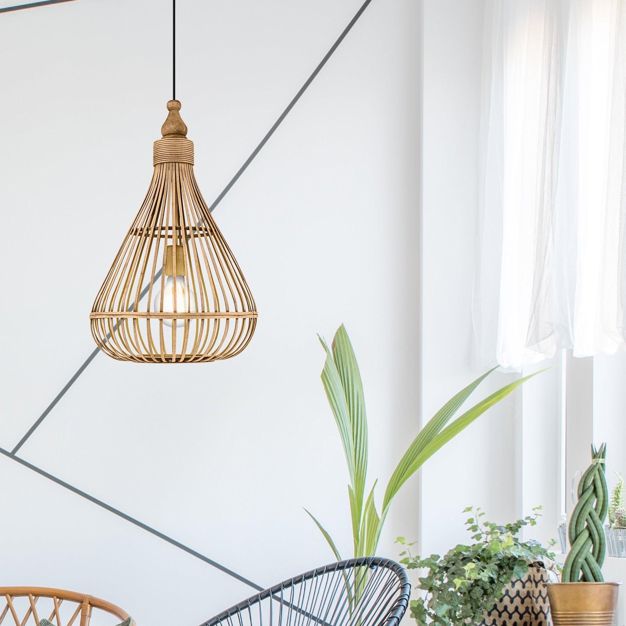 Eglo Amsfield Bamboo Wicker Teardrop Ceiling Pendant Light - Modern Boho Hanging Fixture for Dining Room, Kitchen Island & Bedroom Lighting