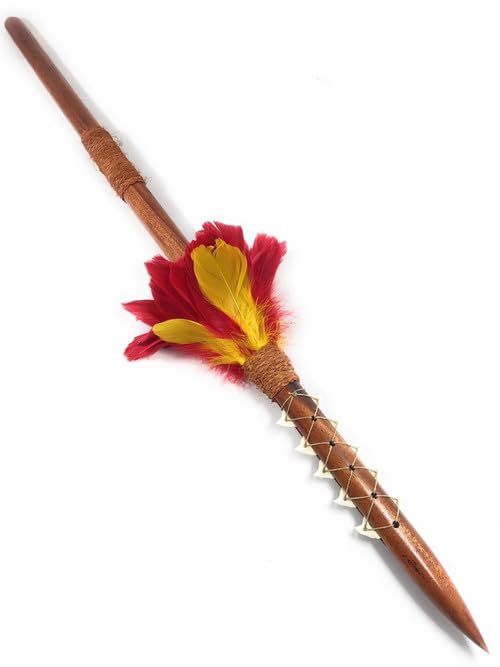 Tikimaster 32-Inch Koa Wood Spear with 10 Shark Teeth & Red/Yellow Feathers - Hawaiian Tribal Weapon for Cosplay, Home Decor, and Cultural Displays