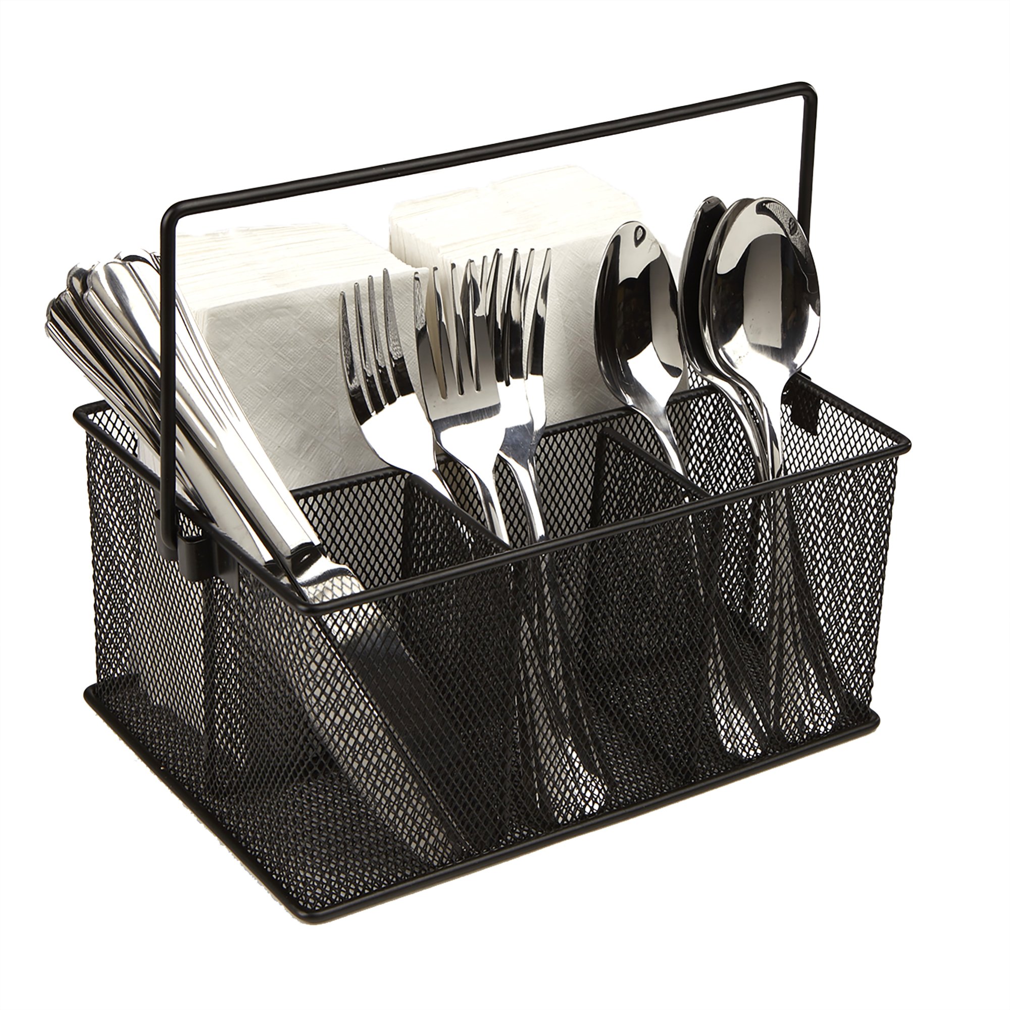 Mind Reader 4-Compartment Black Storage Basket Organizer - Perfect for Utensils, Forks, Spoons, Knives & Napkins | Great for Desk Supplies Like Pens, Pencils & Staples | Kitchen, Office & Dorm Organization Solution