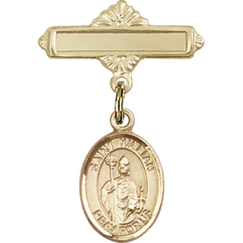 Gold Filled Baby Badge with St. Kilian Charm - 1 X 5/8 Inch Polished Pin for Christening, Baptism & Baby Shower Gifts - Elegant Keepsake for Newborns