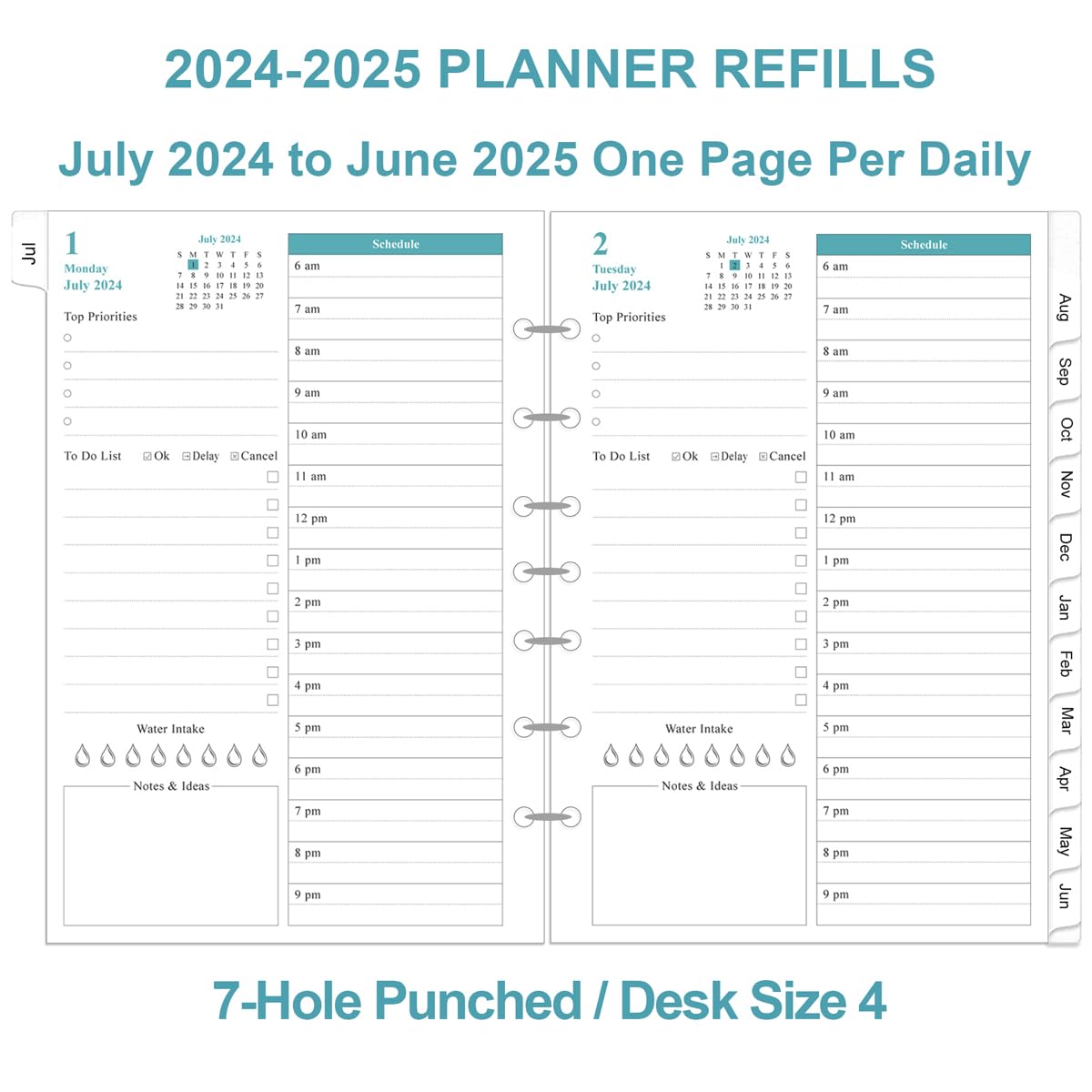 2024-2025 Daily & Monthly Planner Refills for Mini 3 or 7 Ring Binders - One Page Per Day, Prioritized To-Do List, Notes & Appointment Schedule | July 2024-June 2025 | Perfect for Office, School, Home Desk Organization & Productivity Planning