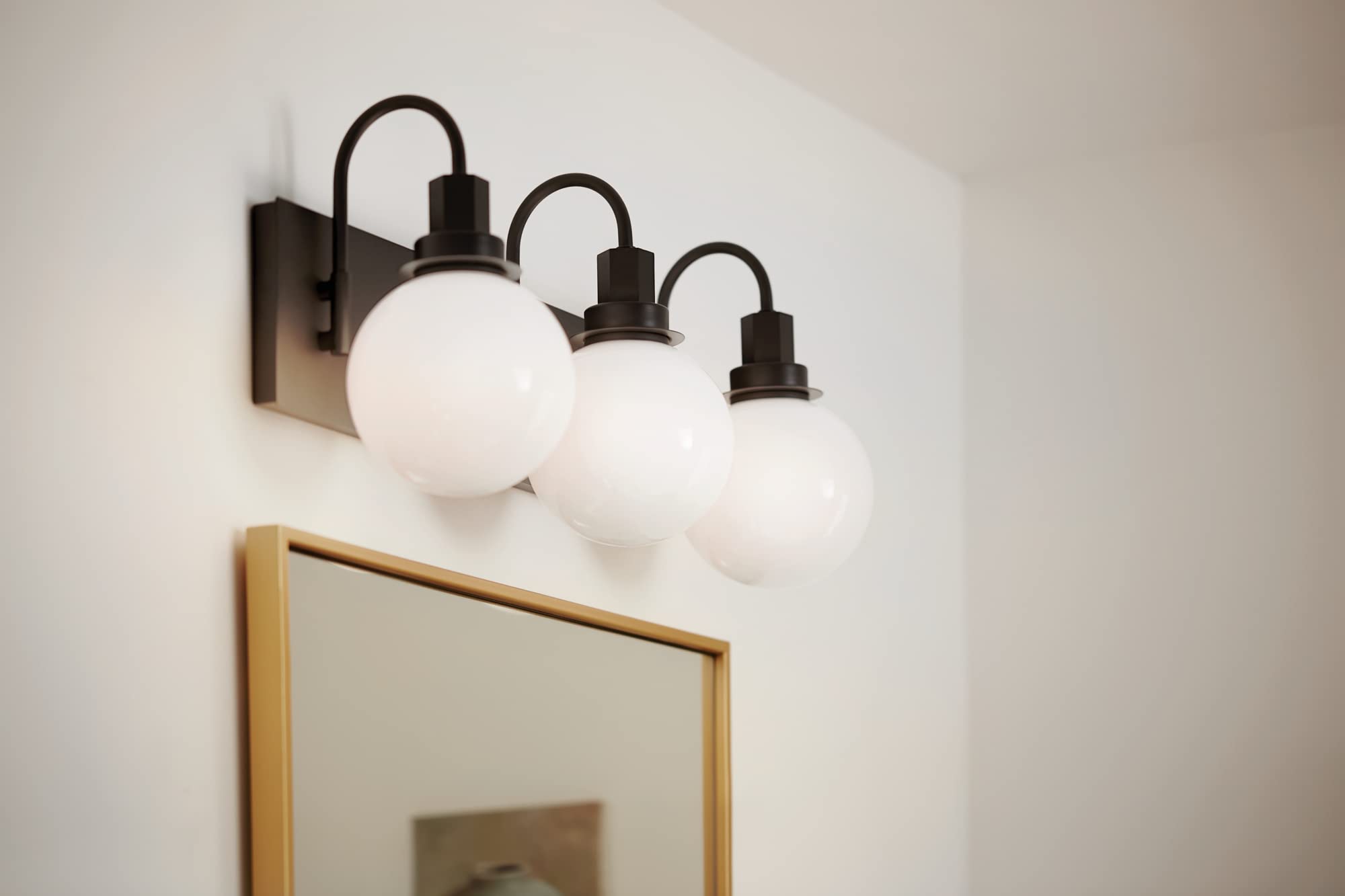 Kichler Hex 3-Light Modern Vanity Light Fixture - Black with Opal Glass, Up/Down Mount, Damp Rated for Bathroom (22.75