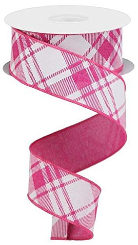 Diagonal Stripe & Check Wired Edge Ribbon - 10 Yards Bulk Spool (Fuchsia, White, 1.5 Inch Width) - Perfect for Gift Wrapping, DIY Crafts, Wedding Decorations & Party Favors