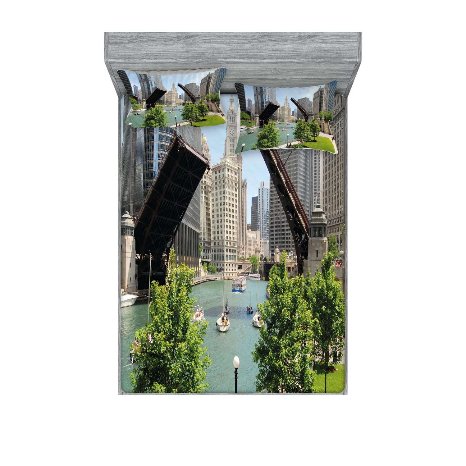Ambesonne 2-Pack Queen Size Fitted Sheet & Pillow Sham Set - Chicago Skyline Design, 4-Piece Bedding Set (2 Fitted Sheets + 4 Pillow Covers) - Vibrant Multicolor Pattern for Modern Bedroom Decor | Perfect for Guest Rooms, Vacation Homes & Urban Apartment Styling