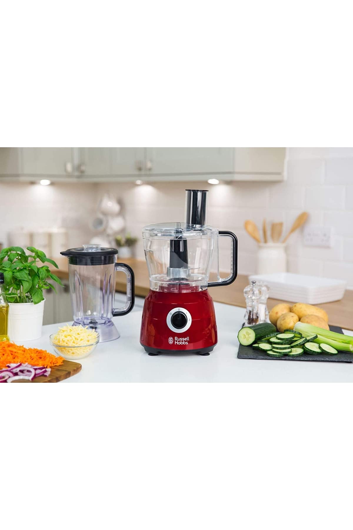 Russell Hobbs 600W Multifunctional Food Processor - Blender, Mixer, Grinder, Chopper, Grater & Whisk (Includes Dough Blades, Dishwasher Safe Accessories, 2 Speeds) - Perfect for Baking, Cooking & Meal Prep - Desire Red 24730-56