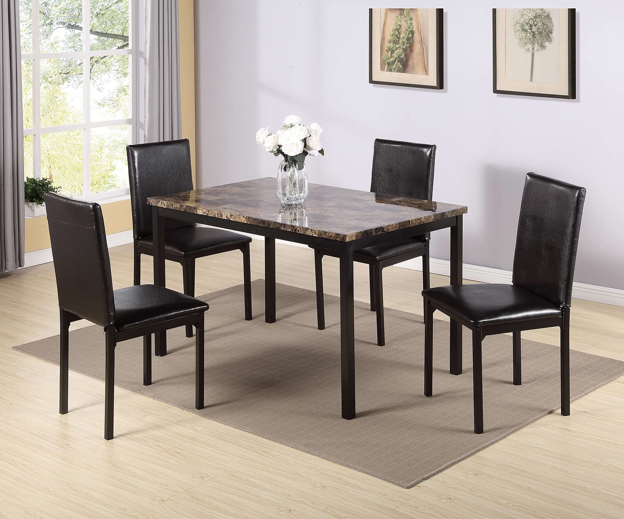 5-Piece Black Faux Marble Dining Table Set with Soft Leather Chairs - Kitchen & Living Room Furniture for 4 People | Compact Space-Saving Design for Small Apartments, Breakfast Nooks & Cozy Dining Areas