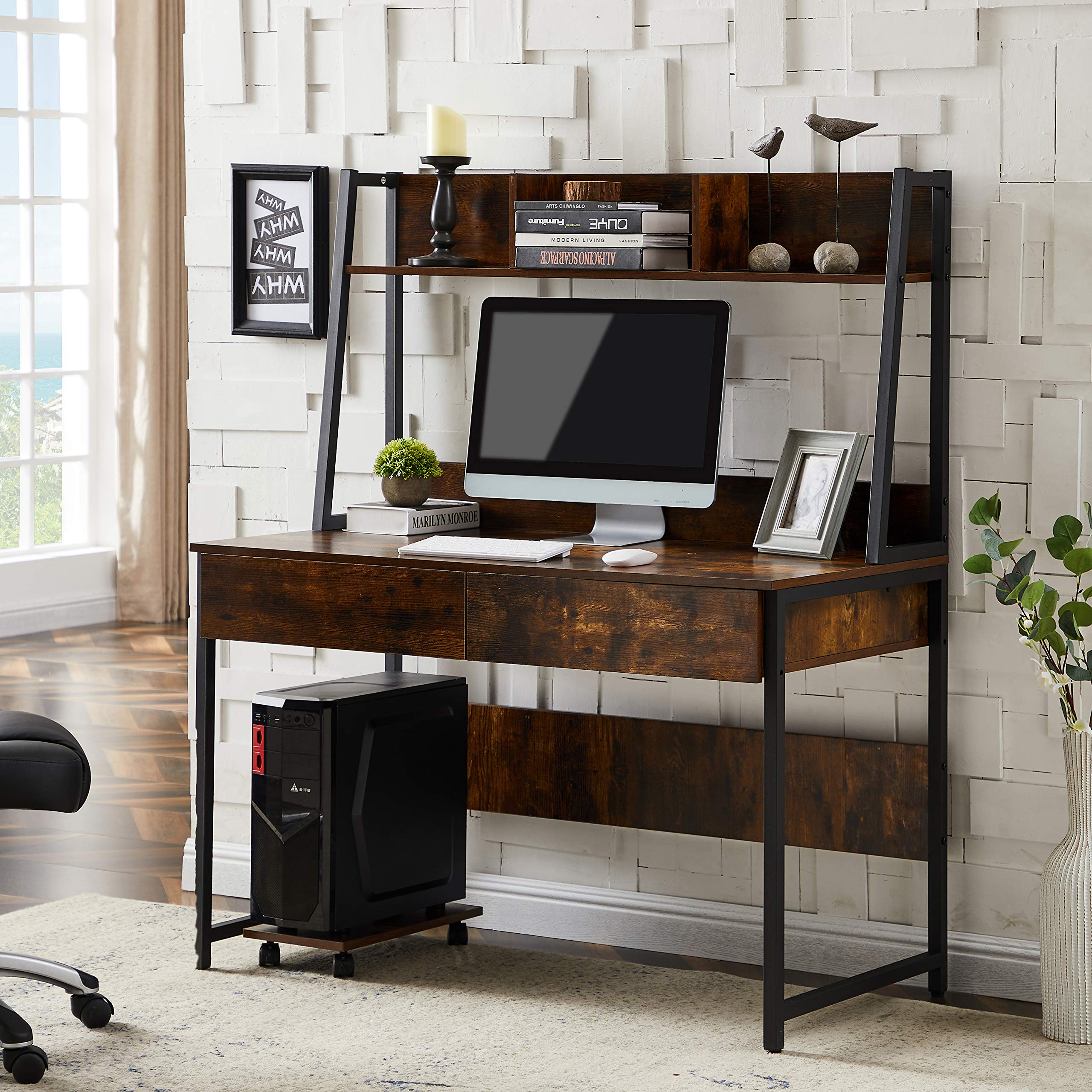 Home Office Desk with Hutch & Bookshelf - Space Saving Design for Small Spaces