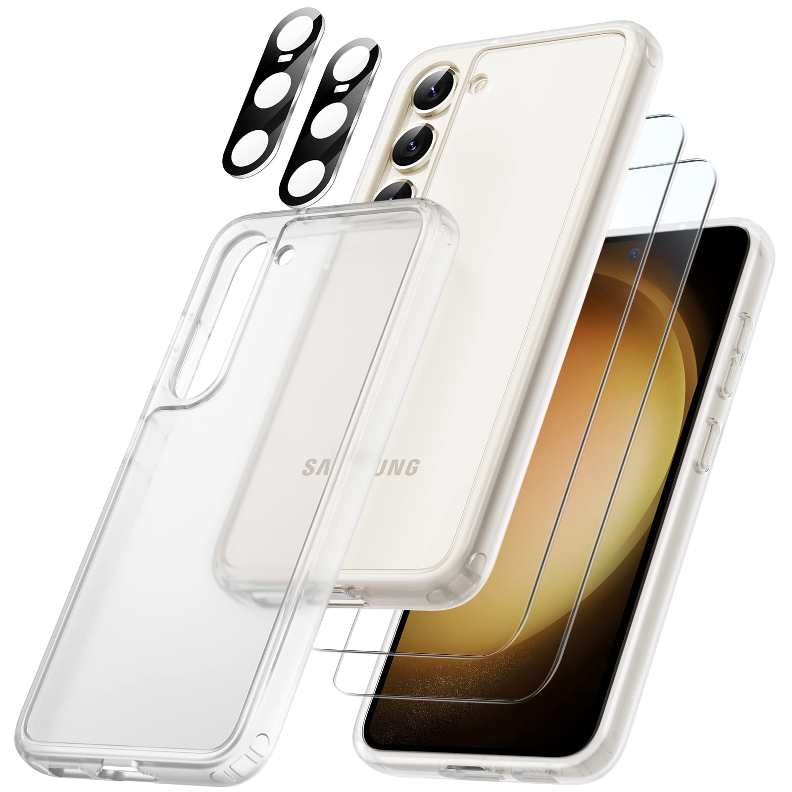 JETech 5-in-1 Matte Case for Samsung Galaxy S23 5G 6.1 Inch - 2 Pack Screen Protector + Camera Lens Protector, Translucent Back Shockproof Phone Cover with Tempered Glass (Frosted Clear) - Perfect for Daily Use, Work & Outdoor Activities