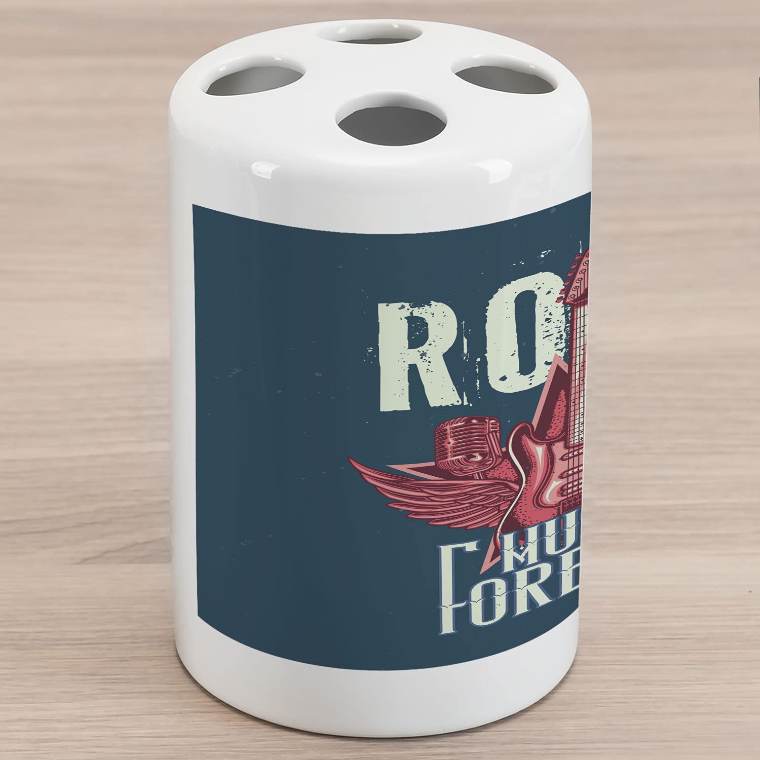 Ambesonne Rock and Roll Ceramic Toothbrush Holder - Guitar & Microphone Design Bathroom Decor, 4.5 x 2.7 Inches, Teal & Dark Coral - Perfect for Music Lovers' Bathroom Countertop Organization