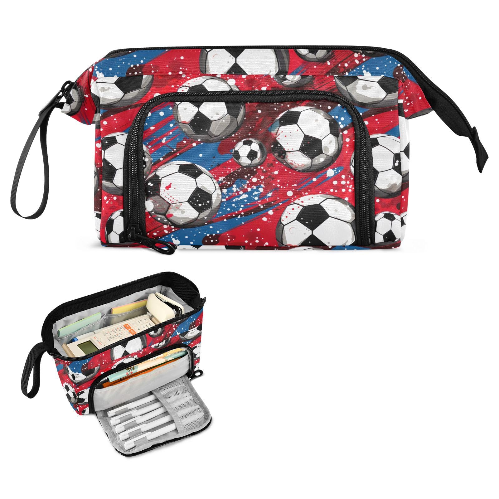 Premium Red Soccer Ball Design Large Capacity Pencil Case - Multi-Compartment Portable Pen Pouch Organizer for School, Office & Travel | Aesthetic Stationery Storage for Students, Teens & Adults (Boys & Girls)