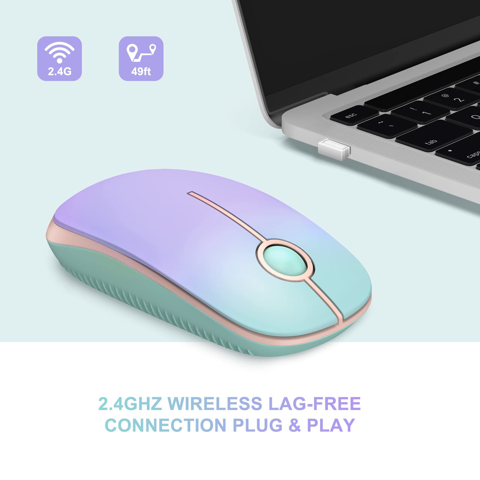 Unipows 2.4G Wireless Mouse - Slim Portable Computer Mouse with Nano Receiver, Silent Optical Mouse for Laptop, PC, Desktop - Gradient Mint Green - Perfect for Office, Home, Travel & Gaming