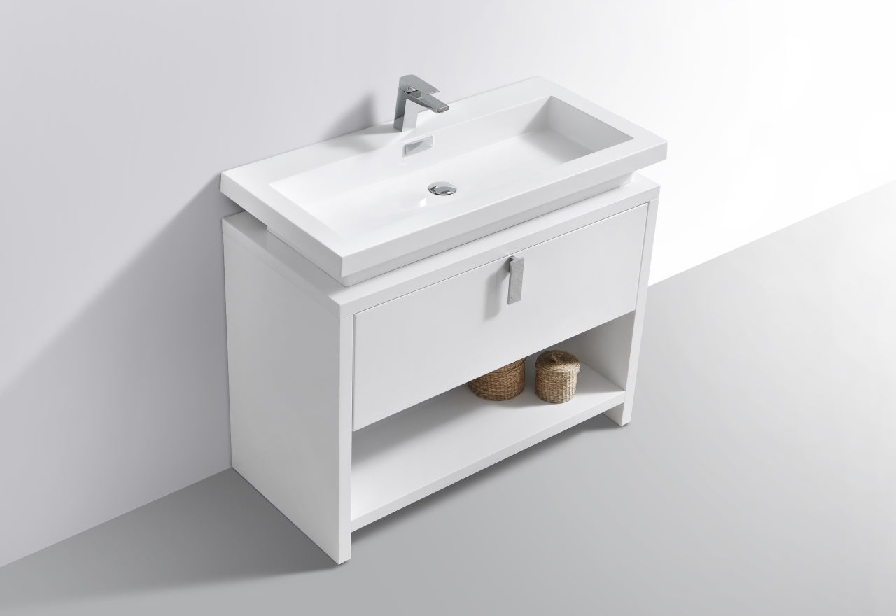 Modern White Floor Standing Bathroom Vanity with Cubby Hole - 40