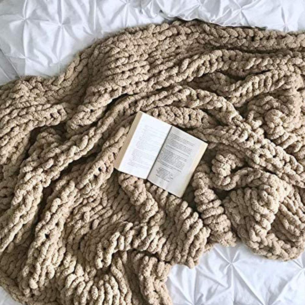 60x80 Inch Handmade Chunky Khaki Chenille Blanket - Ultra Soft & Thick Knit Throw for Bed, Sofa & Couch - Machine Washable Home Decor - Perfect for Cozy Nights, Living Room Lounging & Winter Warmth
