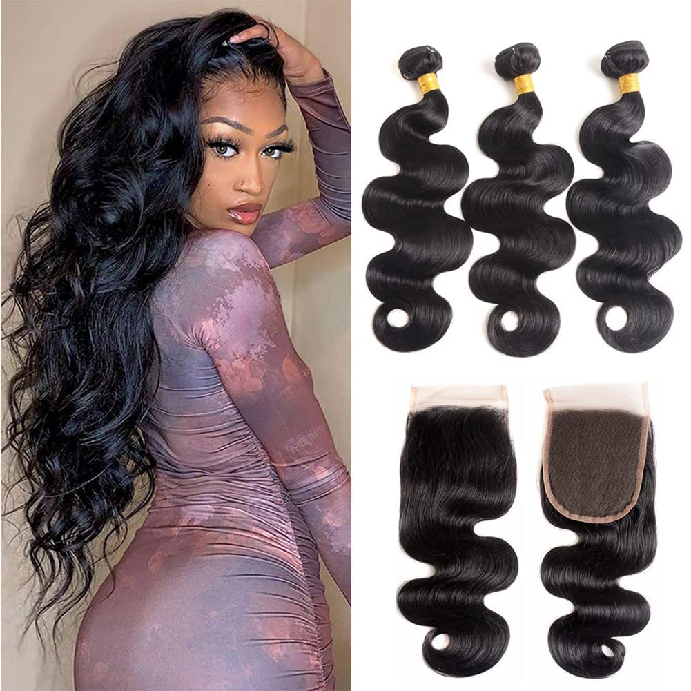 Brazilian Human Hair Bundles with 4x4 Lace Closure - 3 Bundles (20 22 24+18) 100% Unprocessed Virgin Body Wave Hair - Natural Color Free Part - Perfect for Protective Styles, Weaves & Hair Extensions