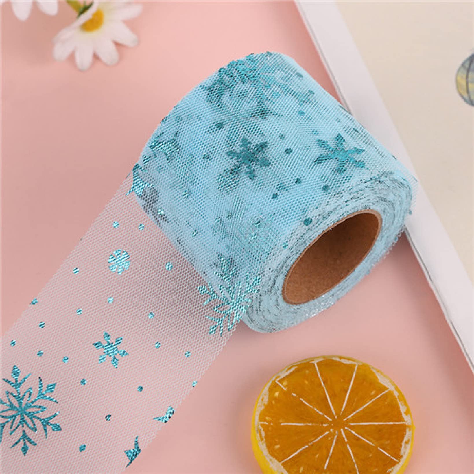 25 Yards Snowflake Printed Tulle Mesh Ribbon - DIY Sewing Fabric for Garments, Hair Clips, Tutu Skirts & Handmade Crafts | Perfect for Christmas Decorations, Wedding Favors, and Gift Wrapping