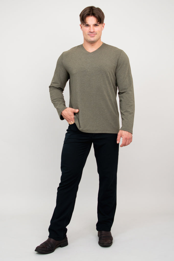 Adam Men's Long Sleeve Shirt - Yarn Dyed Khaki Bamboo Fabric - Comfortable Casual Wear for Office, Travel & Outdoor Activities