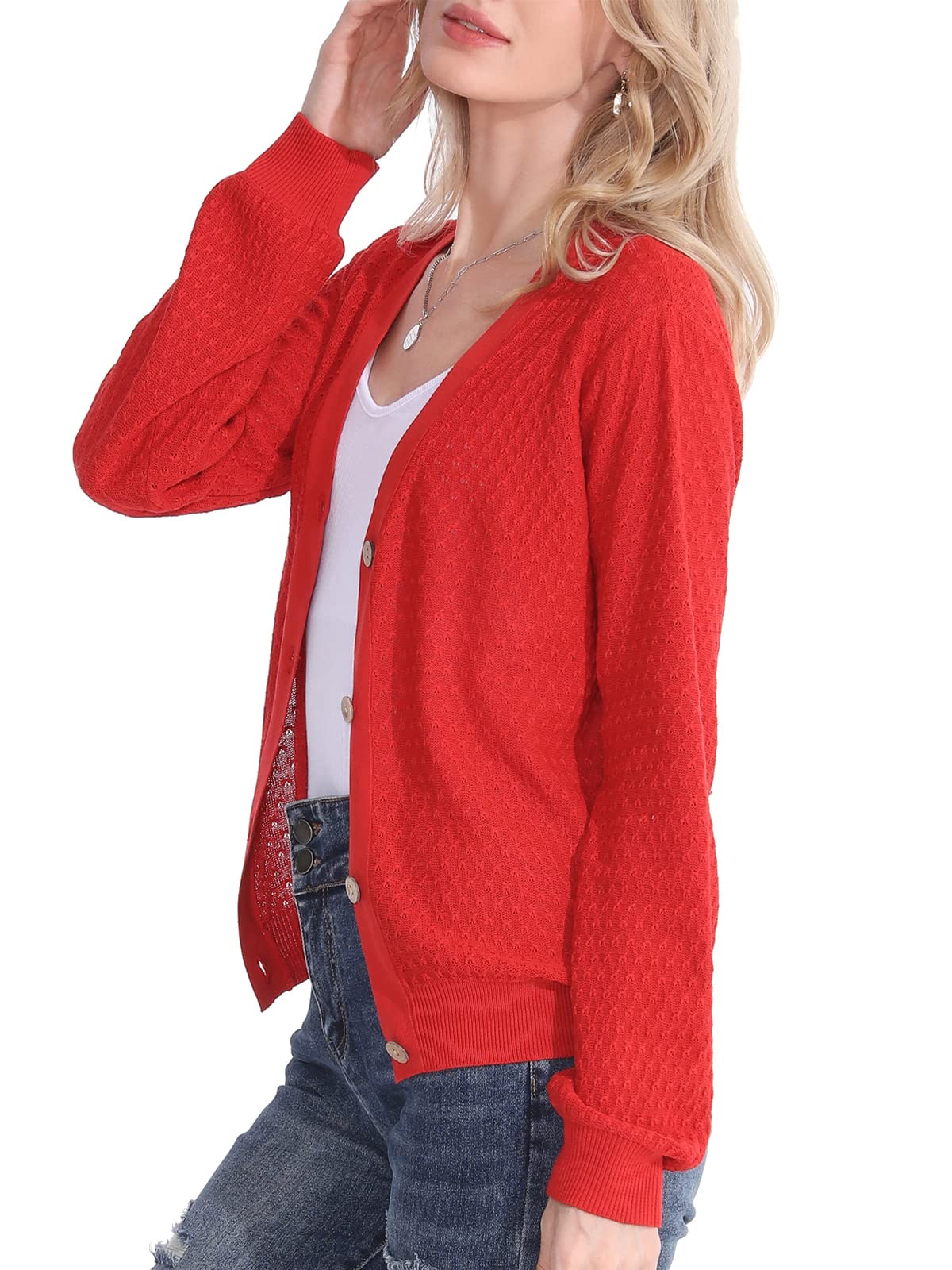 Women's Lightweight Waffle Knit Button Down Cardigan Sweater - Long Sleeve V Neck Casual Pullover for Work, Office & Everyday Wear
