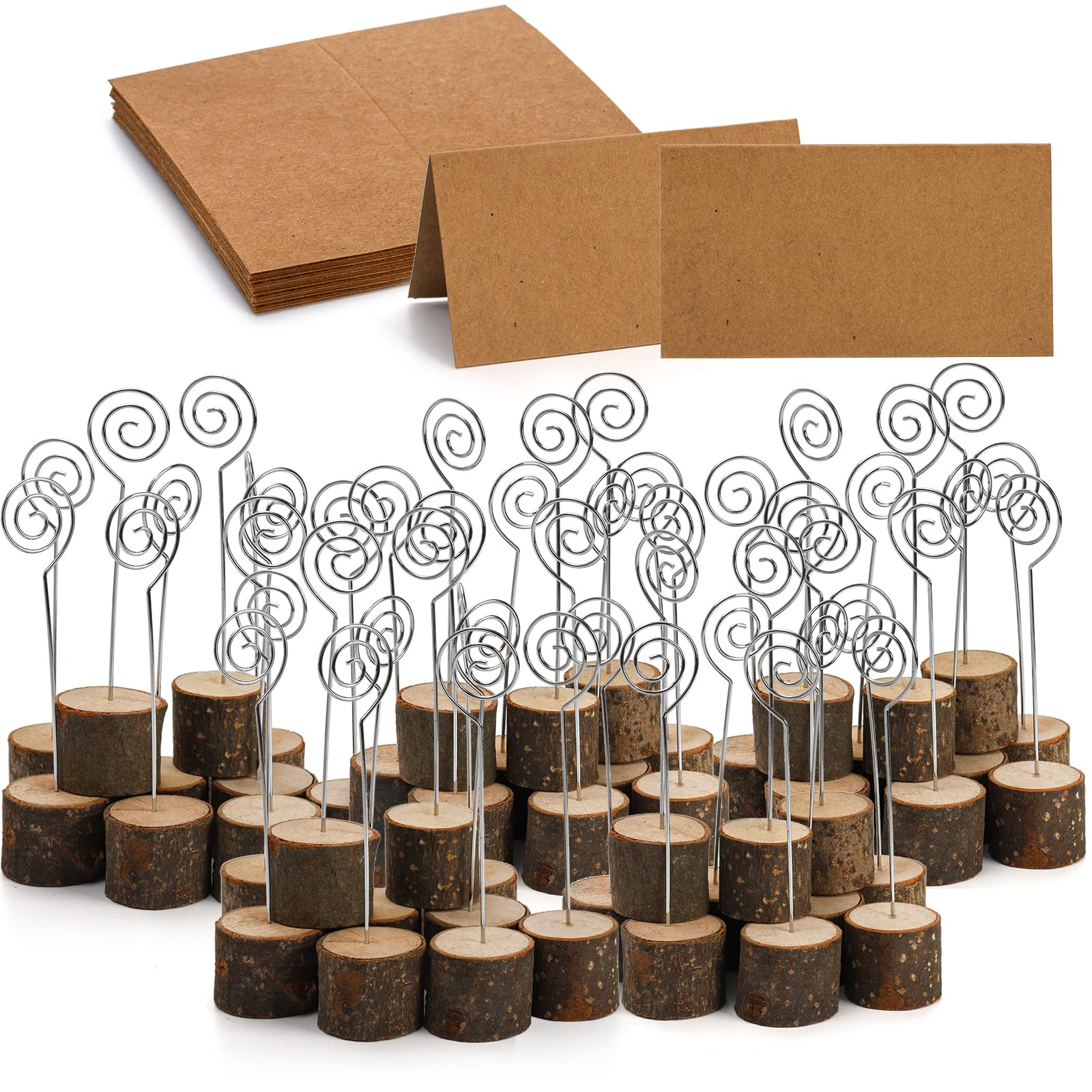 Tosnail 50 Pack Rustic Wooden Place Card Holders with Kraft Paper Cards - Wedding, Party, Table Number & Photo Display Stands - Spiral Wire Design for Elegant Events