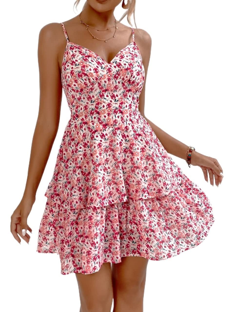 2022 Women's Summer Floral Print Tie Backless Layered Hem Cami Dress - Perfect for Beach Vacations, Date Nights & Summer Parties