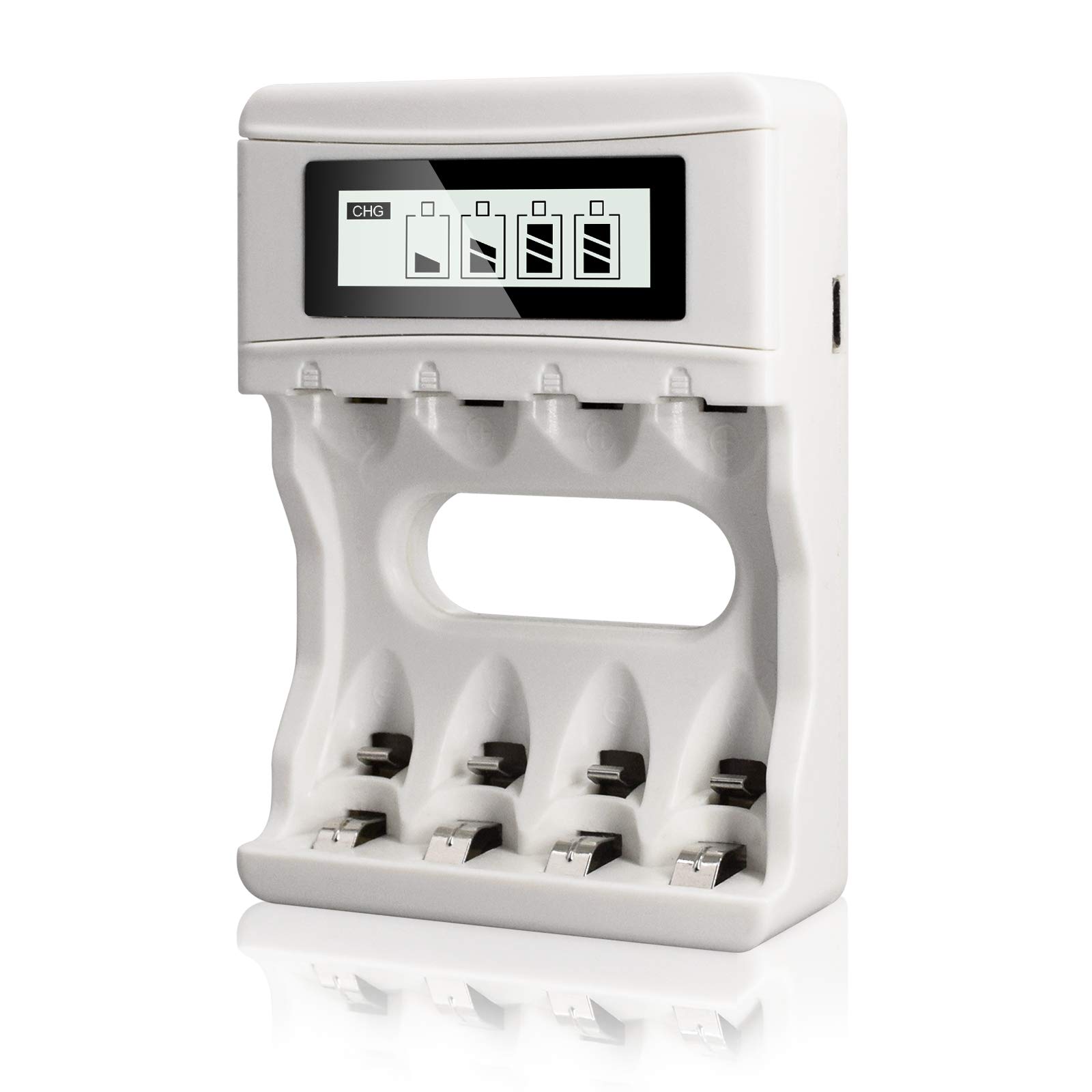CITYORK 4 Bay AA AAA Battery Charger with LCD Display - USB Rechargeable Ni-MH Ni-CD Battery Charger for AA/AAA Batteries (White) - Perfect for Cameras, Toys, Remote Controls & Home Electronics