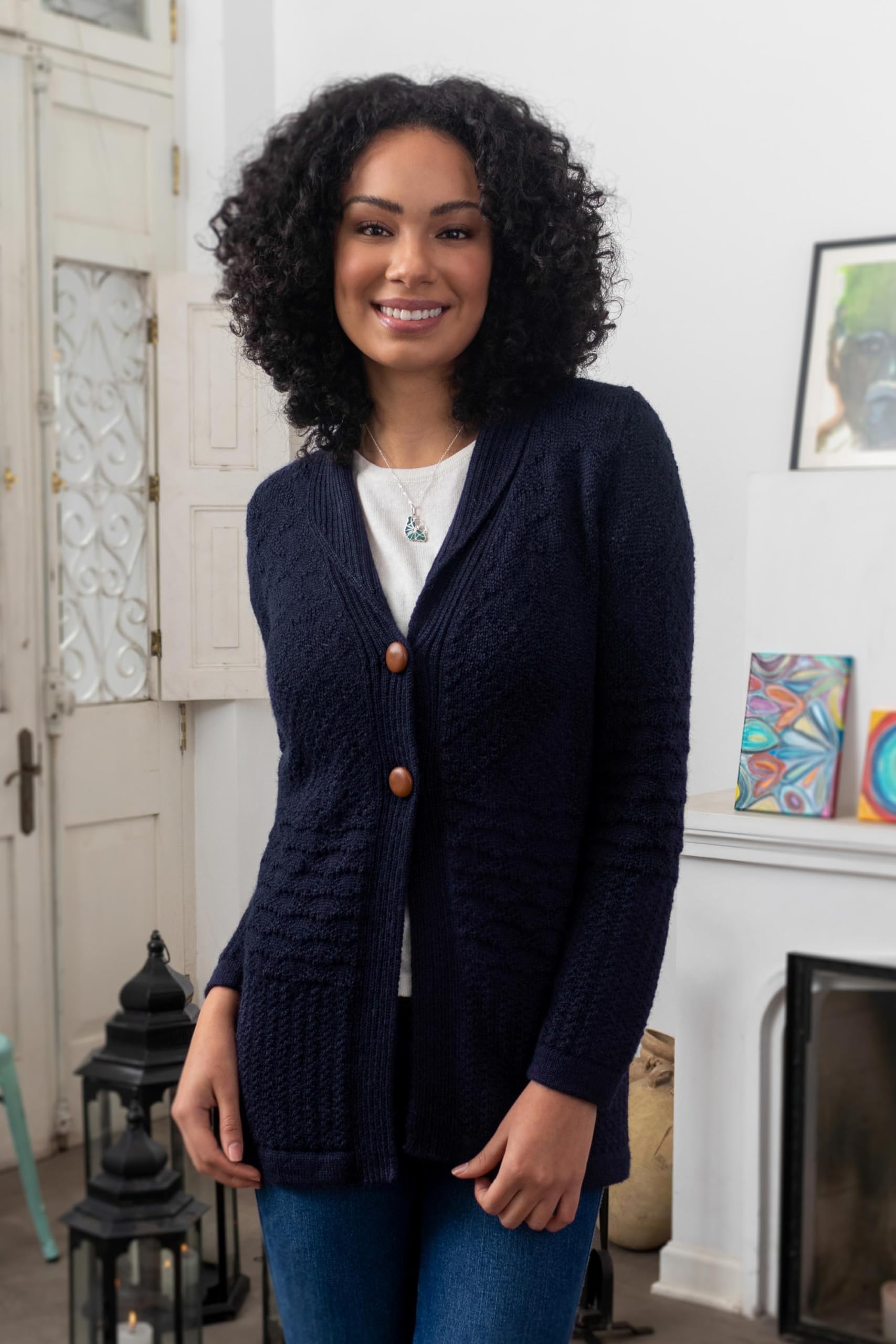 Handmade Alpaca Blend Cardigan - Navy Blue Button Down Wool Sweater | Peruvian Artisan Crafted | Solid 'Textures in Blue' Design | Perfect for Fall Fashion & Cozy Winter Outfits