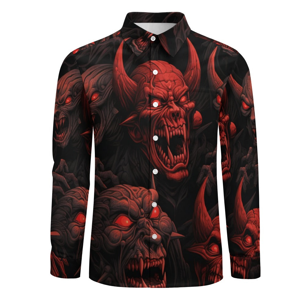 Demon Heads Graphic Print Casual Long Sleeve T-Shirt with Chest Pocket | Trendy Streetwear for Men | Perfect for Daily Wear, Concerts & Halloween Costumes