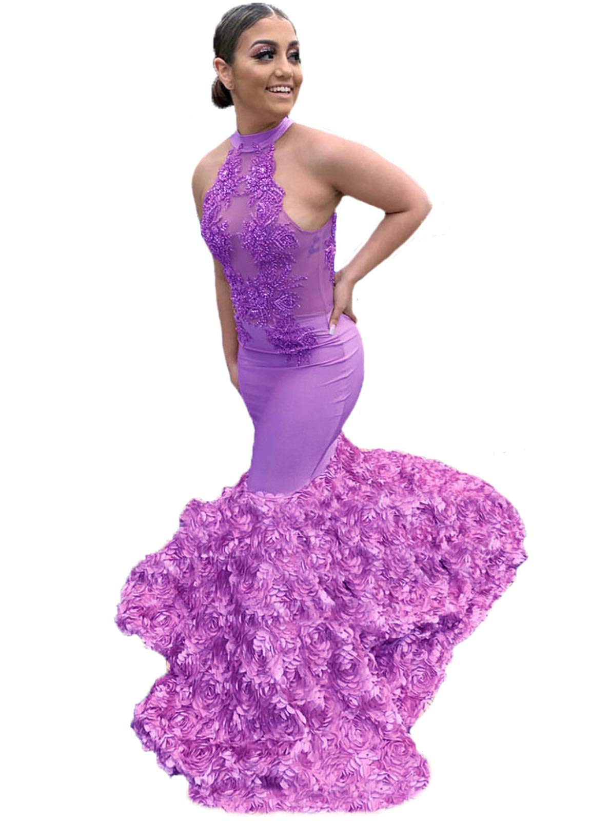 Sexy Mermaid Halter Prom Dresses for Women 2024 | Lace Appliques Formal Evening Gowns with 3D Flowers | Perfect for Homecoming, Prom Night & Special Occasions | Style GS136