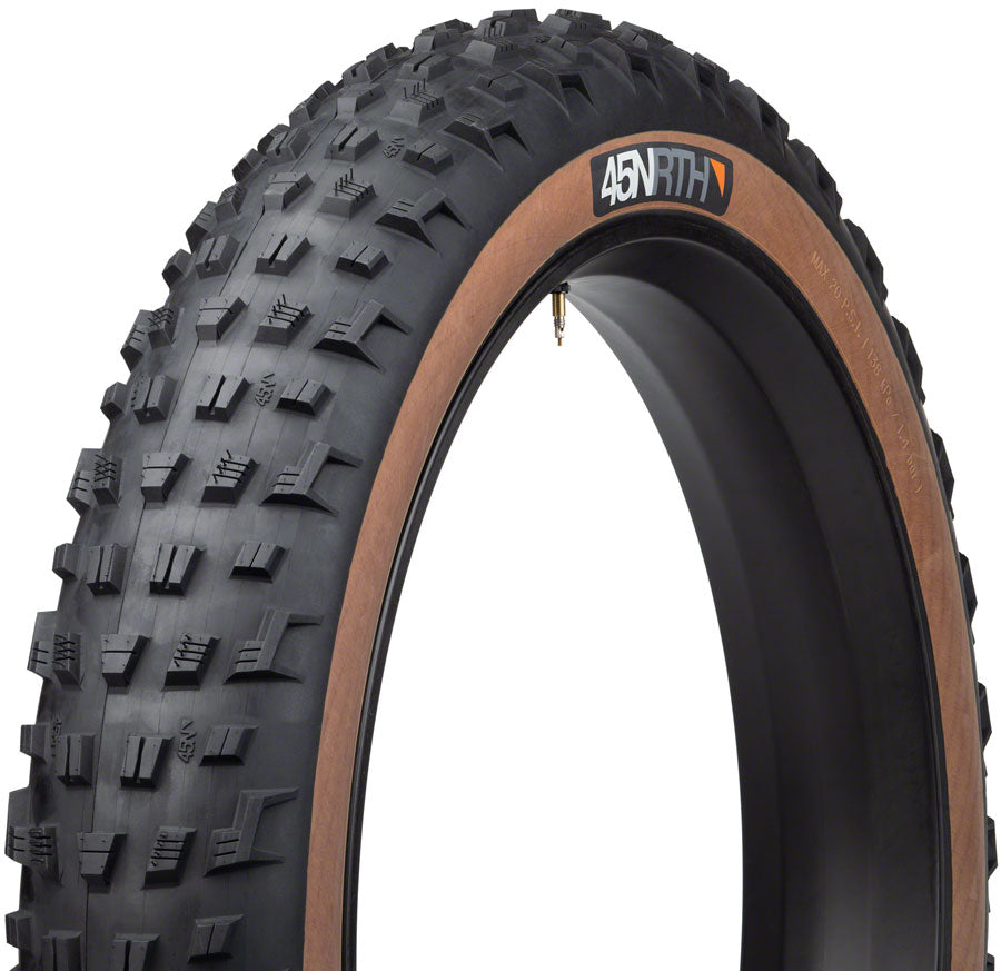45NRTH Vanhelga 26 x 4.2 Tubeless Folding Fat Bike Tire - 60 TPI, Black/Tan - Winter & Snow Biking, Off-Road Trails, All-Terrain Cycling Accessories