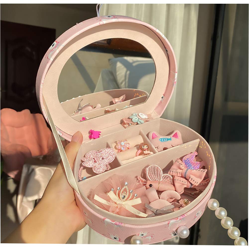 Kids Hair Accessories Storage Box with Mirror - Organizer for Hair Clips, Bows & Cosmetics - Portable Makeup Case for Girls - Perfect for Travel, Home & School Use