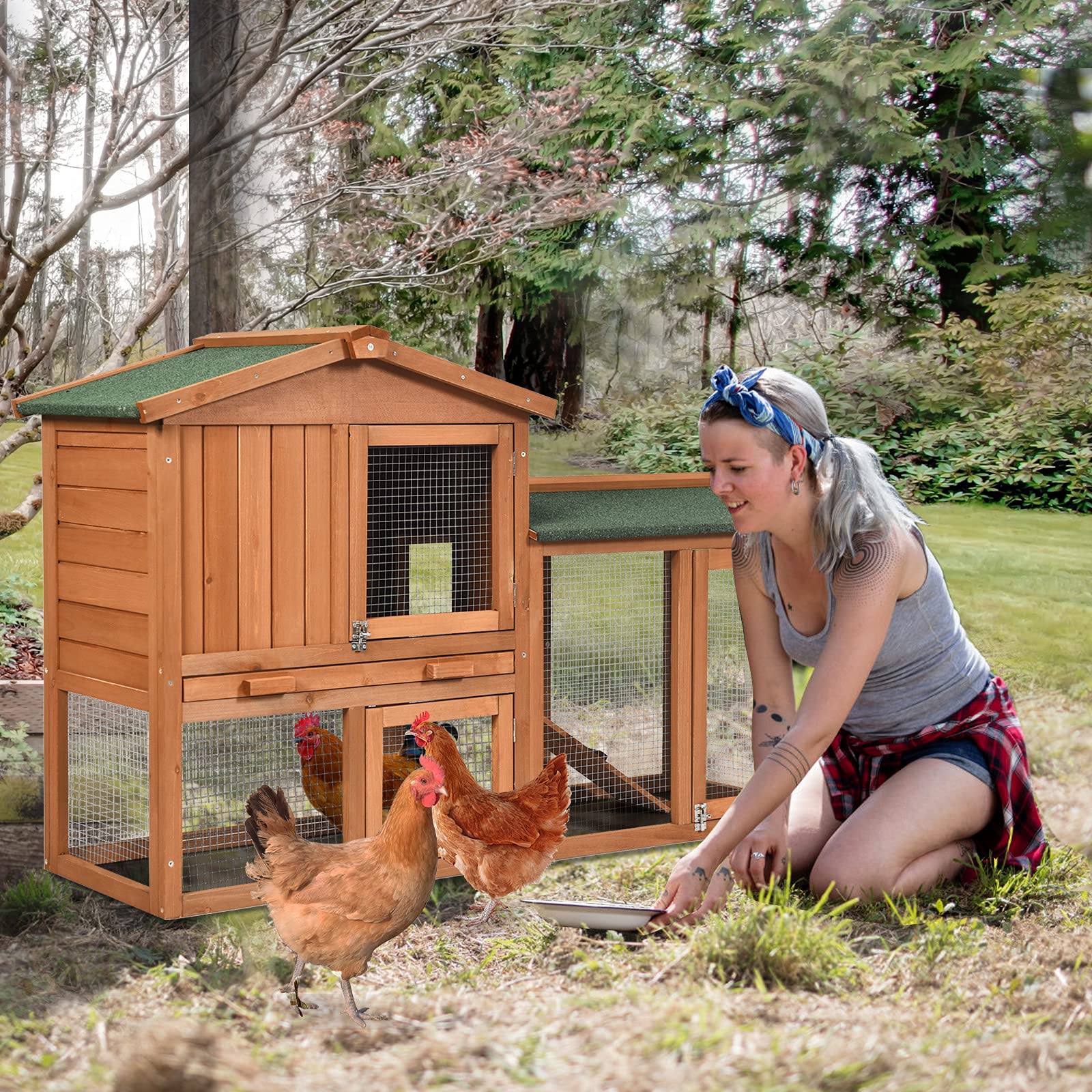 ARLIME 2-Tier Wooden Rabbit Hutch - Large Chicken Coop with Ramp, Removable Tray & Lockable Door | Weatherproof Outdoor/Indoor Animal Cage for Rabbits, Chickens, Small Pets | Ventilated Design for Backyard, Garden, or Patio Use (Natural Wood)