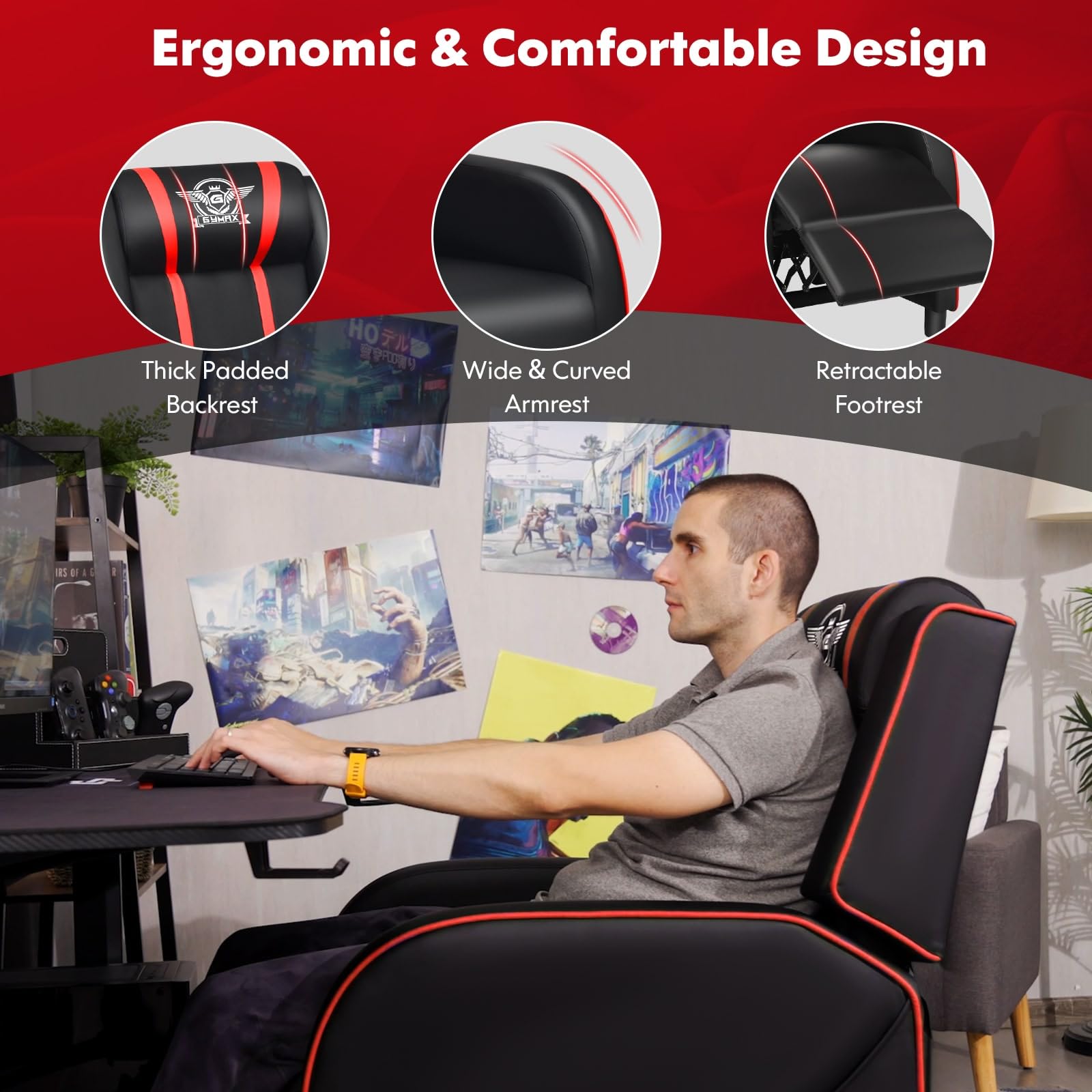 GYMAX Ergonomic Gaming Recliner Chair with Massage, Adjustable Footrest & Remote Control - Racing Style Video Game Chair with Side Pocket for Adults - Perfect for Gaming, Movie Nights & Home Theater (Red)