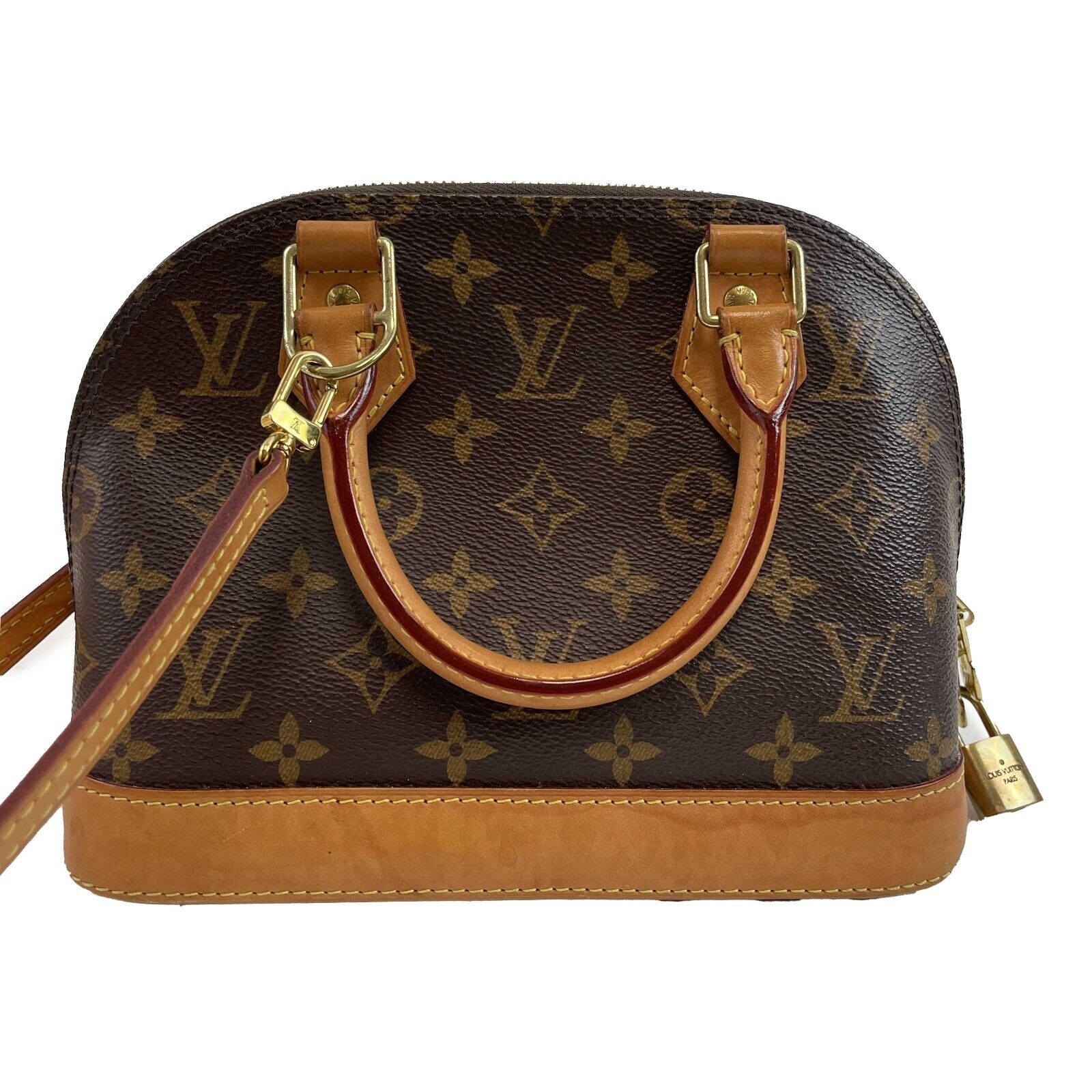 Authentic Louis Vuitton Alma BB Monogram Crossbody Bag with Lock & Key - Luxury Brown Leather Handbag for Women, Perfect for Date Night & Travel Accessories