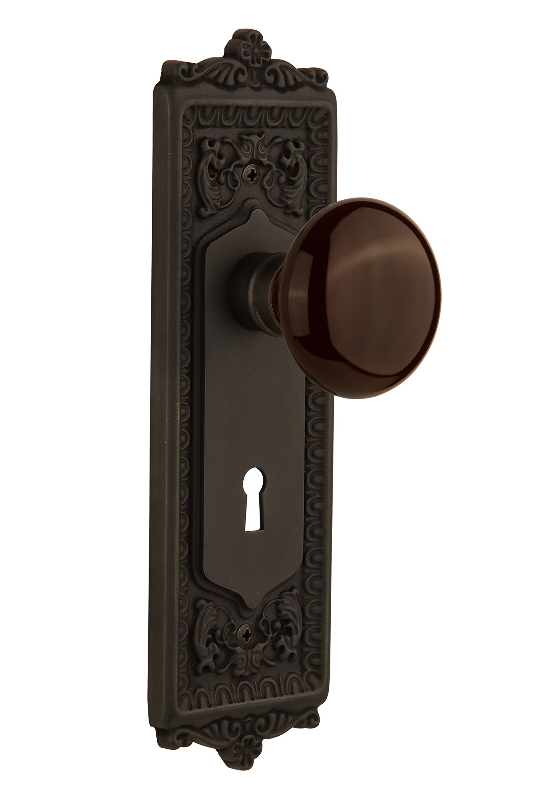 Vintage Oil Rubbed Bronze Egg & Dart Plate with Keyhole - Brown Porcelain Knob for Cabinet & Drawer Pull - Nostalgic Warehouse 710696 Double Dummy - Perfect for Farmhouse, Shabby Chic & Vintage Home Decor