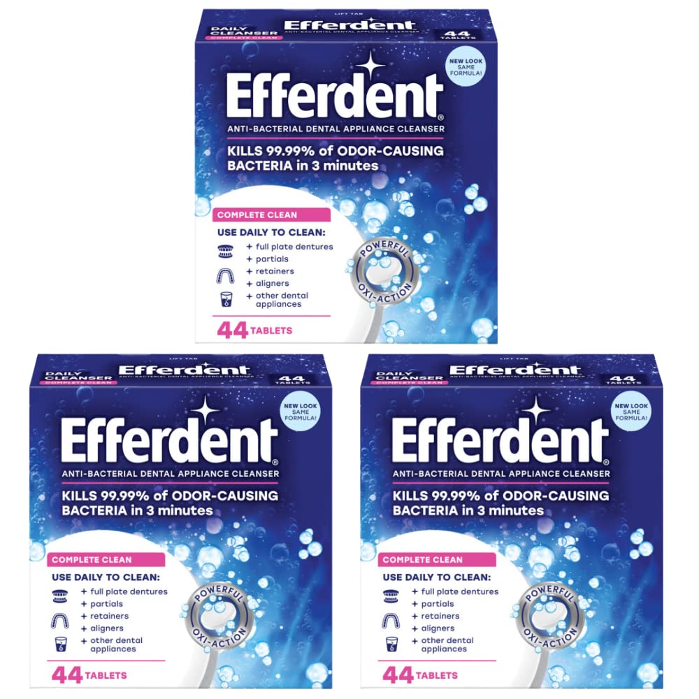 Efferdent Retainer & Denture Cleaner Tablets - Complete Clean, 44 Count (Pack of 3) | Fast-Acting Denture & Retainer Cleaning Tablets for Fresh Breath & Stain Removal | Perfect for Daily Use at Home or Travel