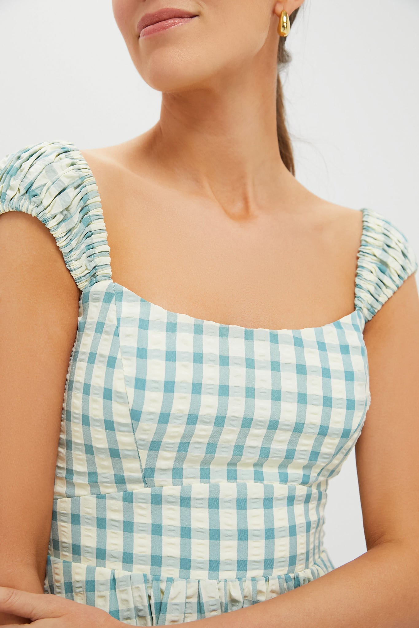 Blue Gingham Seersucker Amy Dress - Summer Floral Print Women's Dress for Beach Vacation, Garden Party & Casual Outings