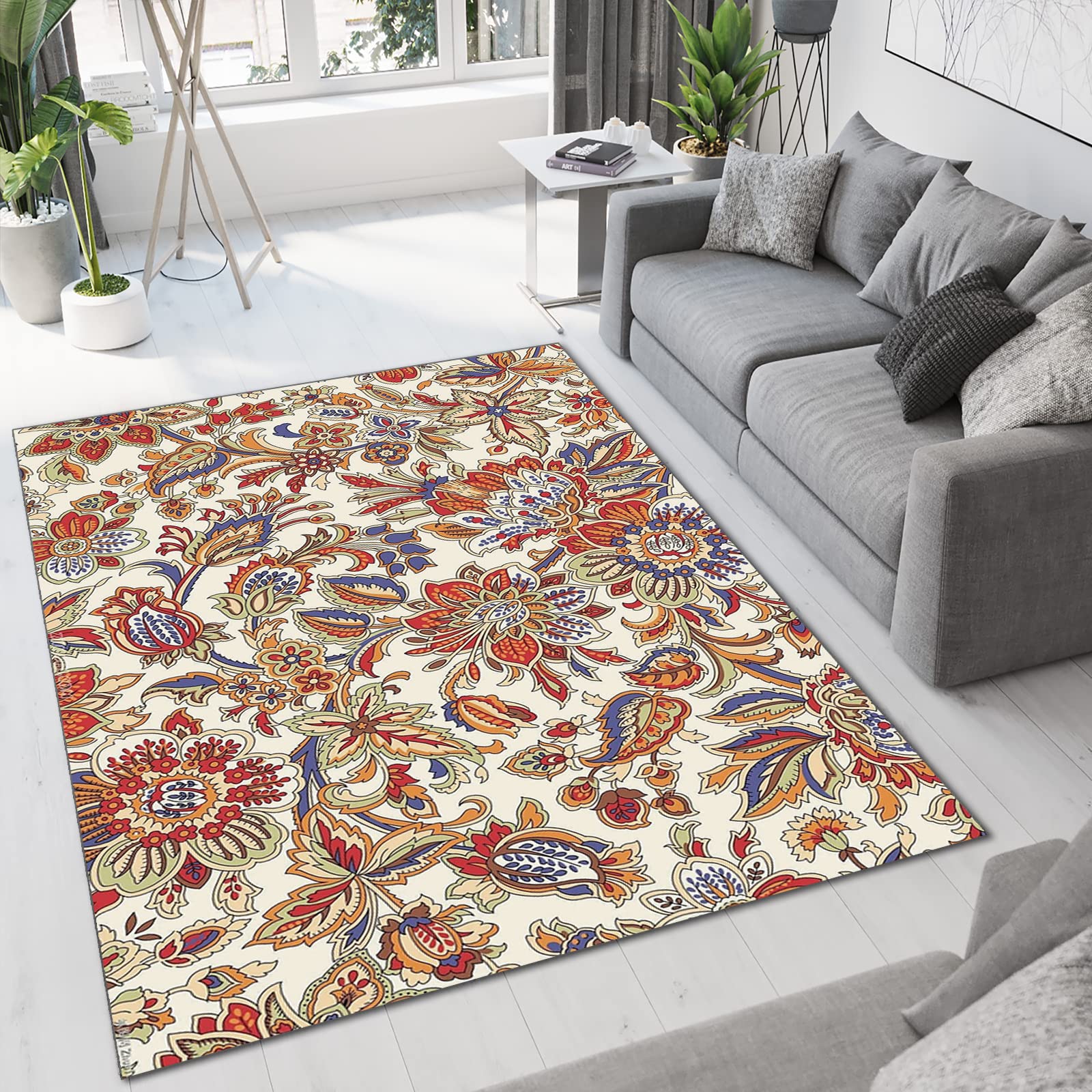 Luxury Floral Printed Non-Slip Area Rug 5x8ft - Elegant Living Room Carpet, Romantic Bedroom Rug with Clear Pattern - Perfect for Home Decor in Living Room, Bedroom, Study & Dining Room - Soft & Portable Floor Mat for Cozy Spaces