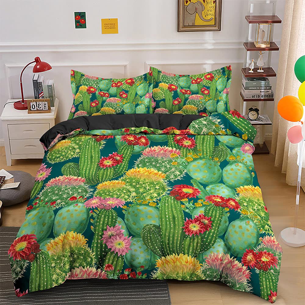YJDCX King Size Comforter Set - Tropical Cactus Plants Print, Soft Microfiber Bedding Set with Cartoon Pattern, Green Duvet Cover for Girls (Single/Queen/Full/King Size) - Perfect for Teen Bedrooms, Dorm Rooms & Cozy Home Decor