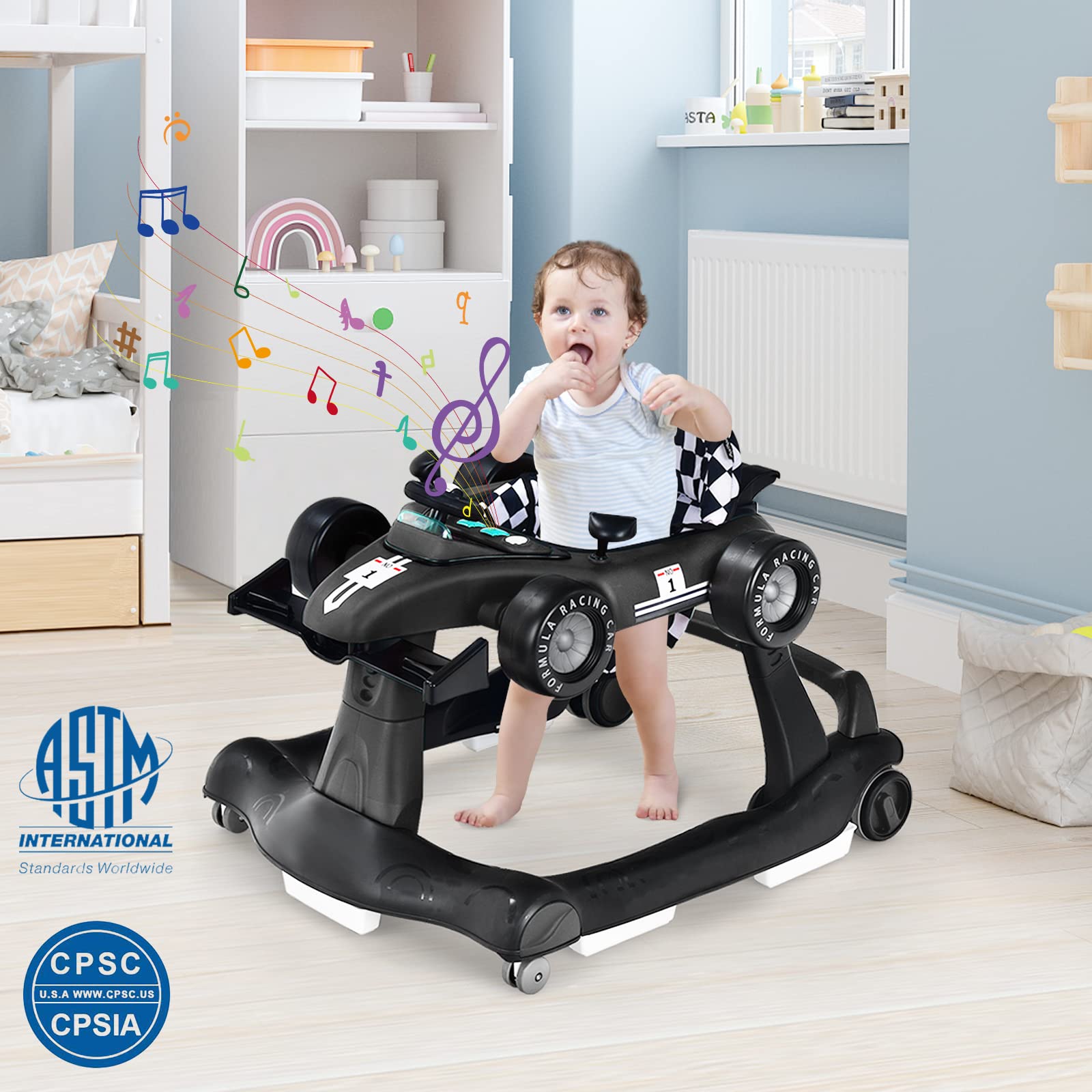 HONEY JOY 4-in-1 Baby Walker with Adjustable Height & Speed | Foldable Push Walker with Music, Lights & Padded Seat | Smooth Wheels for Boys & Girls 6+ Months (Black) | Perfect for Learning to Walk & Indoor Playtime