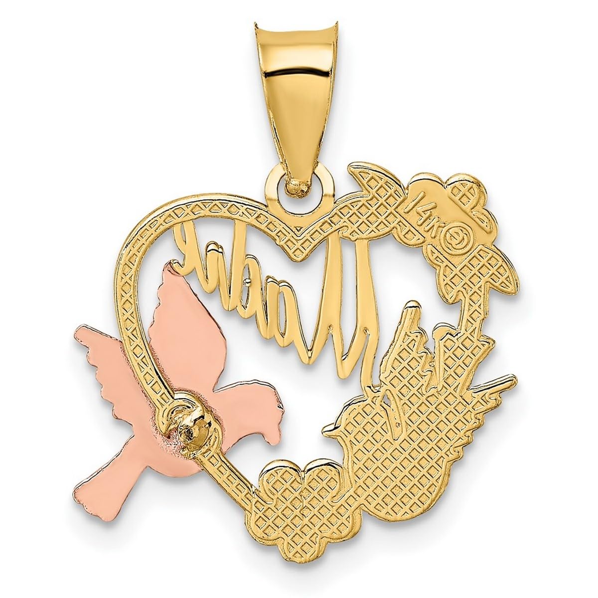 14K Two-Tone Gold Madre In Love Heart Pendant Necklace with Doves & Tri-Color Accents - 20.6x20.5mm Women's Jewelry Gift for Valentine's Day, Anniversary & Special Occasions