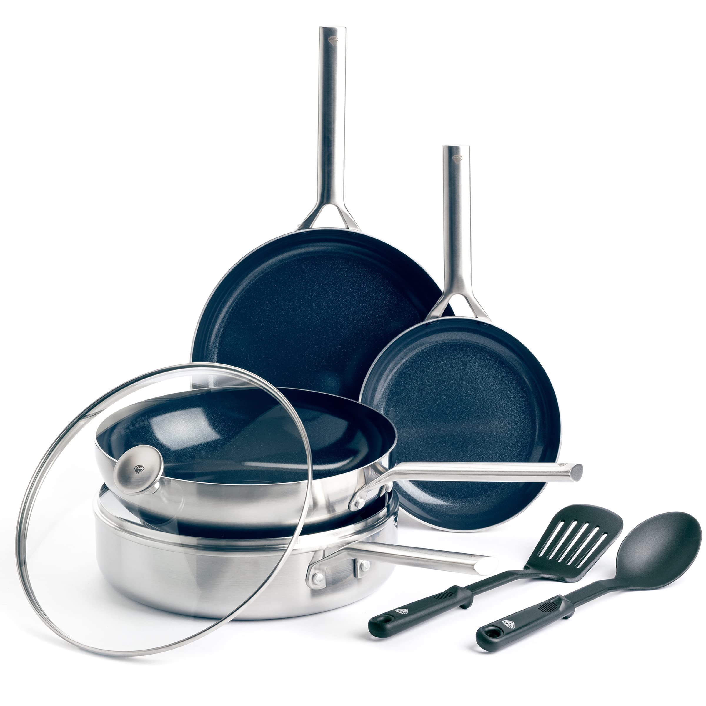 Blue Diamond Tri-Ply Stainless Steel Ceramic Nonstick Cookware Set - 7 Piece Pots & Pans | PFAS-Free, Induction Compatible, Dishwasher & Oven Safe | Perfect for Home Cooking, Professional Kitchens & Gift Giving