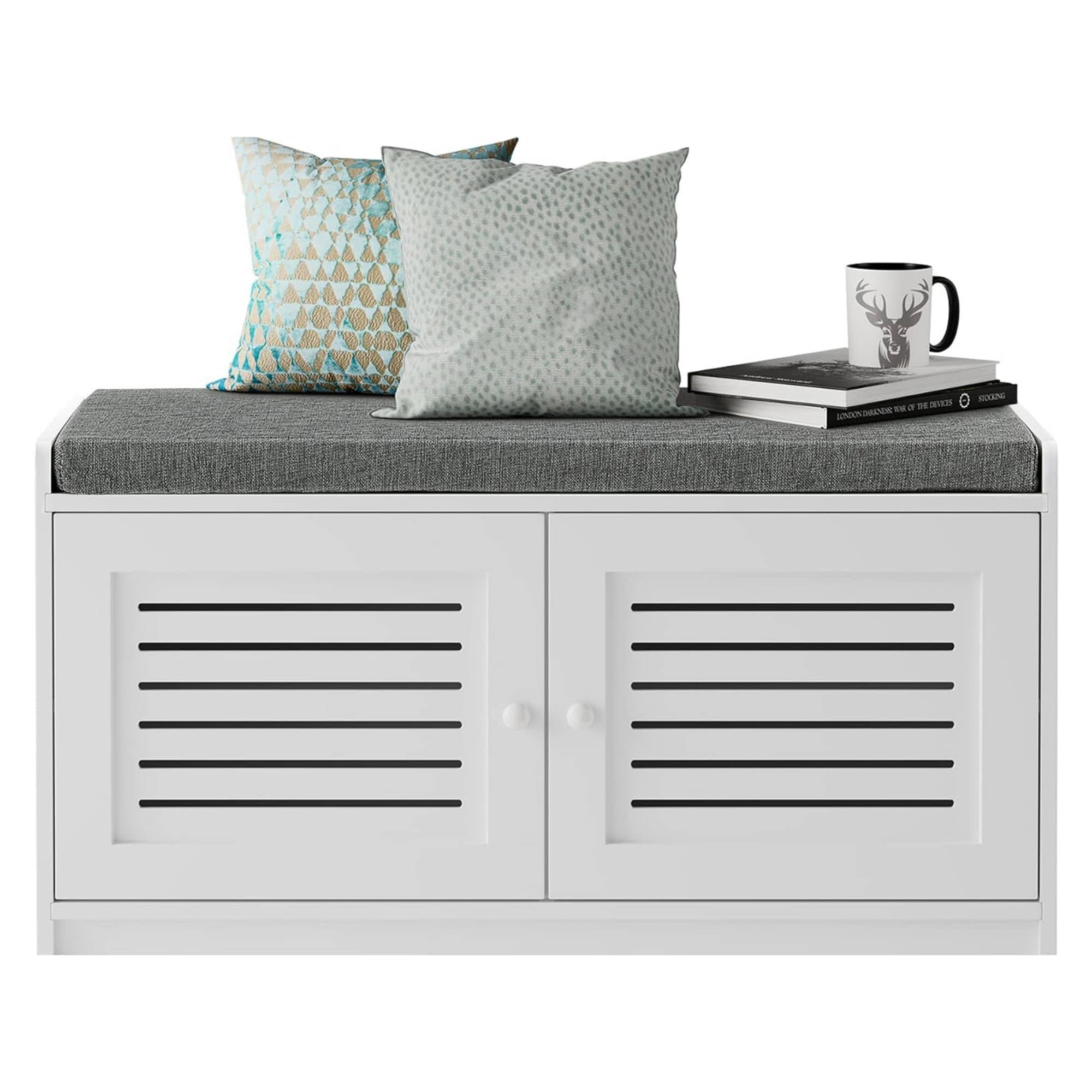 White Wooden Shoe Storage Bench with Cushioned Seat & Adjustable Shelves - 2 Pack Entryway Organizer for Living Room, Bedroom, Hallway (Perfect for Small Space Organization & Shoe Display)