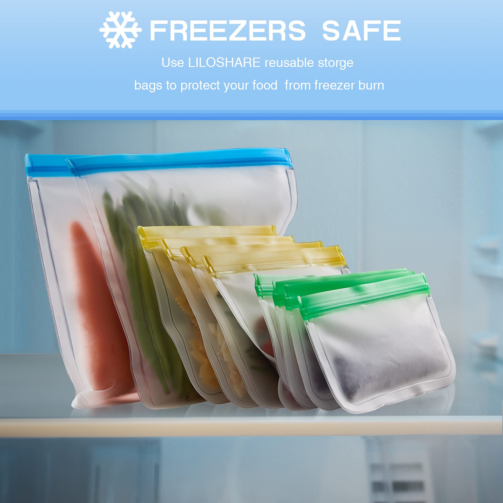 Reusable Freezer Bags 10Pcs - BPA Free Extra Thick Silicone Food Storage Bags with Double Zipper & Seal | Leakproof Reusable Snack Bags for Meat, Fruits, Vegetables (3 Gallon + 4 Sandwich + 3 Snack Bags) | Perfect for Meal Prep, Freezing, Travel & Outdoor Activities