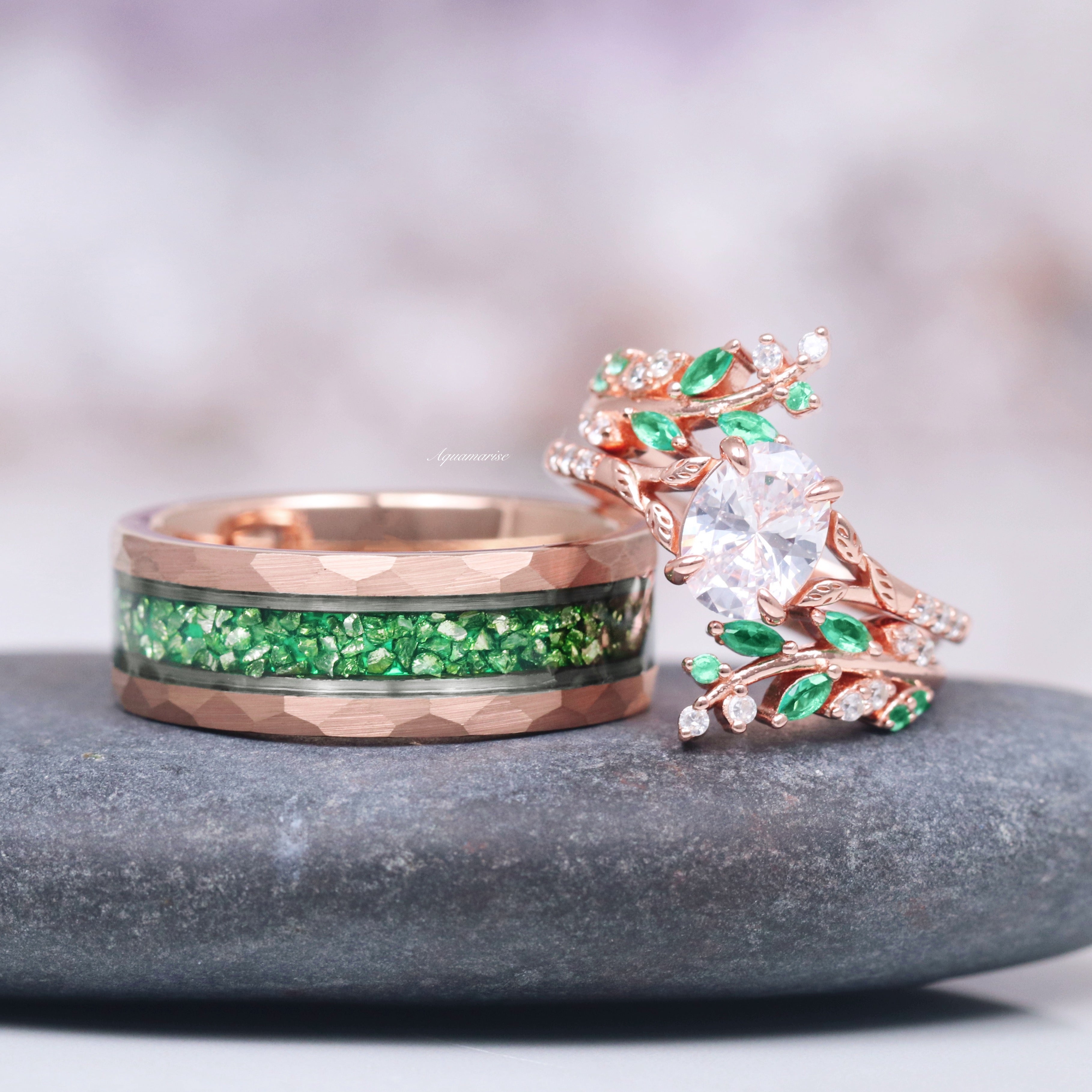 IGI Certified 14K Solid Rose Gold Lab Grown Diamond & Emerald Leaf Ring Set - Perfect for Weddings, Anniversaries & Gift Giving